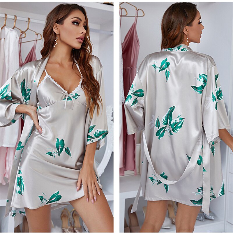 Conjunto de Camisola e Robe em Seda Cetim Sunflower